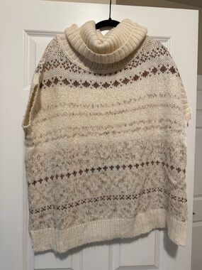 Free People Cream Knit Poncho Sweater with Brown Accent